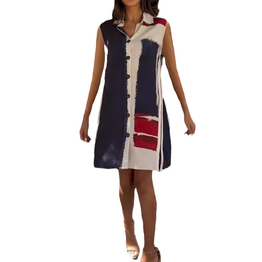 Women's sleeveless shirt tunic dress with collar, full button placket and graphic block print Mune Fashion