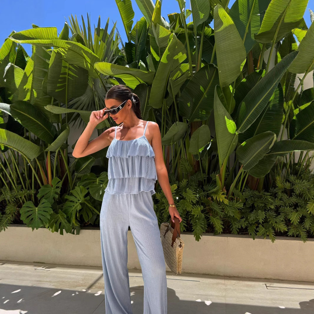 Women Pleated Ruffle Cropped Top with Spaghetti Straps and Wide High-Waist Pants Set Mune Fashion
