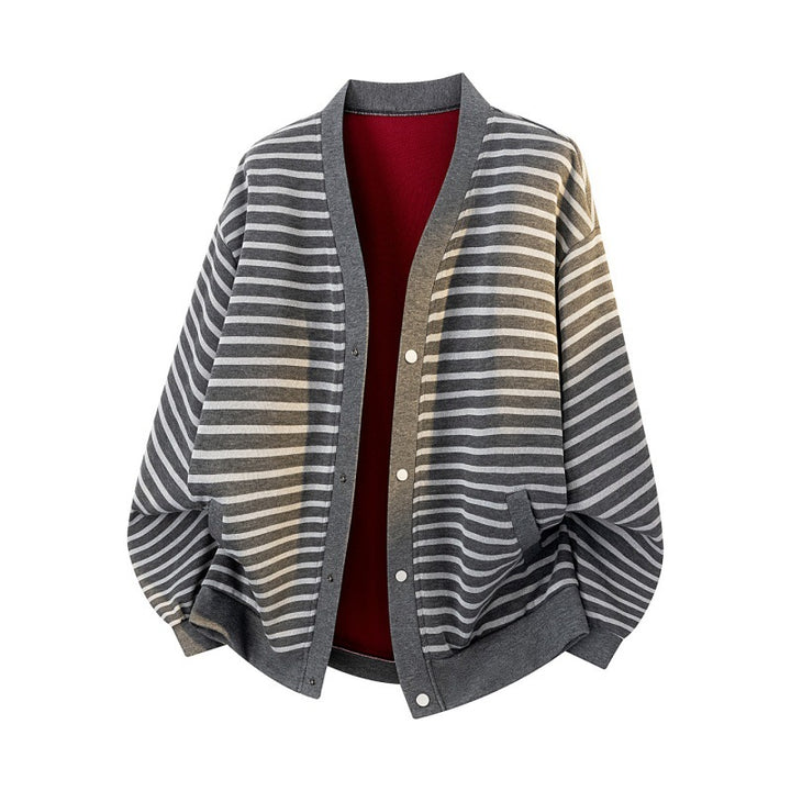 Women Oversized Stripe Cardigan with Snap Button Placket, Side Pockets & Raglan Sleeves Mune Fashion