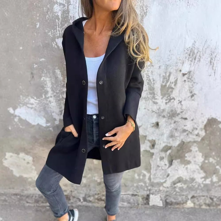 Women's hooded coat mid-length cotton blend with snap button placket and side pockets Mune Fashion