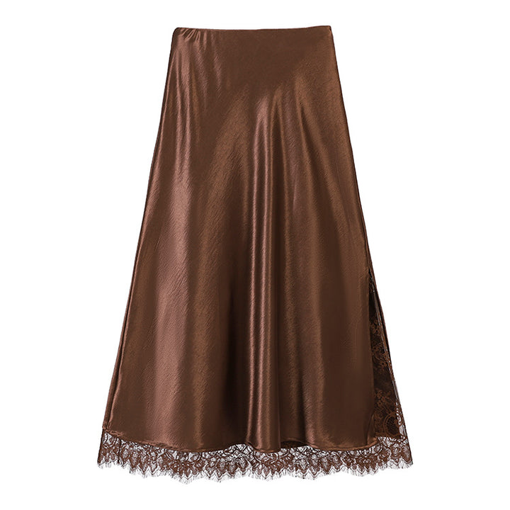 Women's satin midi skirt with delicate lace trim and flowing A-line down