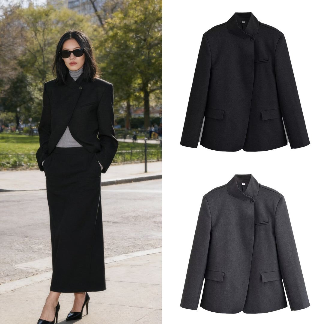 Women's structured short blazer in a minimal style with stand-up collar and concealed button placket Mune Fashion