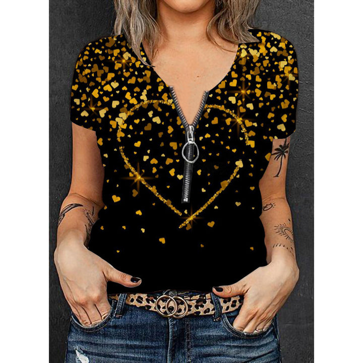Ladies V-neck T-shirt with floral pattern and zipper Mune Fashion