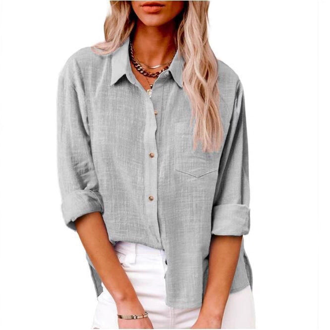Women's Casual Linen Blouse with Short Sleeves and Button Details Mune