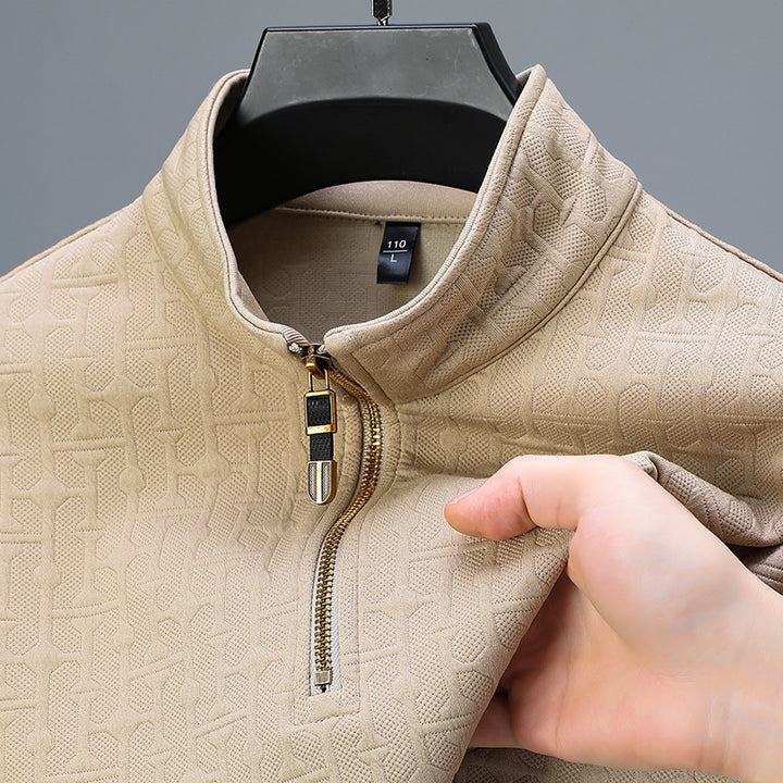 Men's Structure Jacquard Sweater with Short Zipper and Stand-Up Collar Mune Fashion