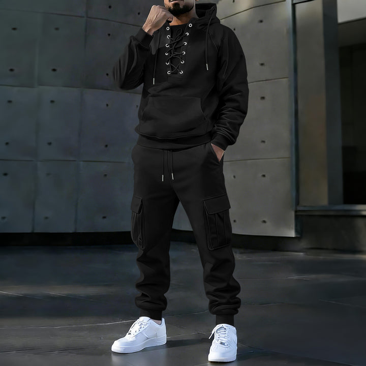 Men's hoodie with distinctive front lacing, kangaroo pocket, and elastic cuffs Mune Fashion