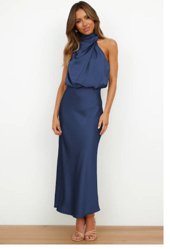 Women Flowing Maxi Dress with Elegant Stand Collar and Draping Mune Fashion