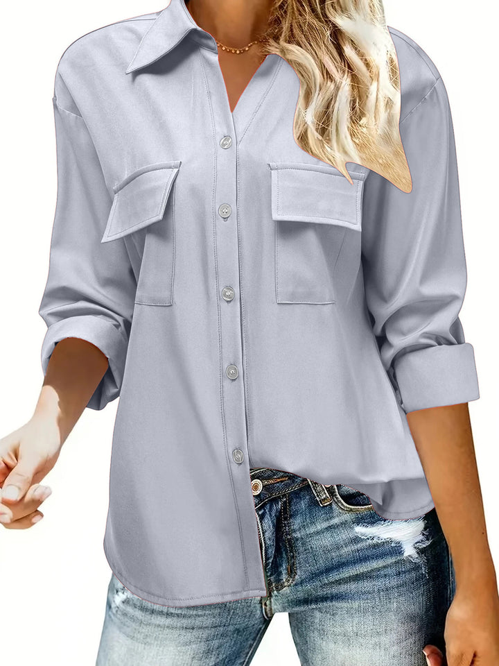 Women's Oversize Shirt Blouse with Flap Pockets, Continuous Button Placket and Turned-up Sleeves Mune Fashion