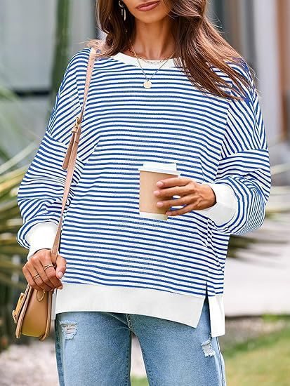 Women Striped Oversize Sweater with Round Neck and Side Slits Mune Fashion