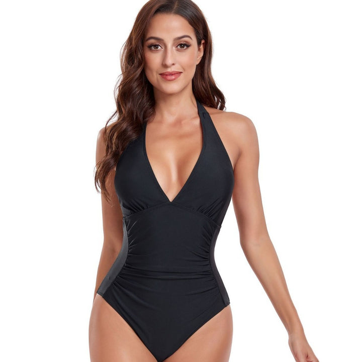Ladies one-piece swimsuit with deep V-neckline and stylish animal print Mune Fashion