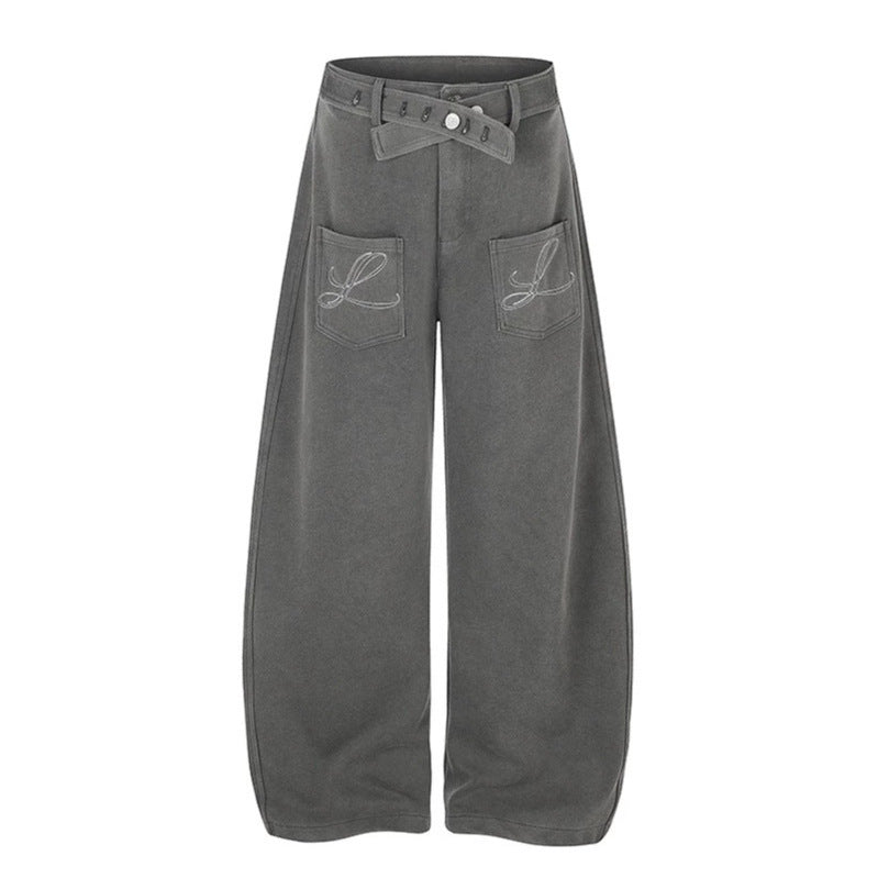 Women's Wide High-Waist Palazzo Jogging Pants with Pockets, Decorative Embroidery and Adjustable Belt Mune Fashion