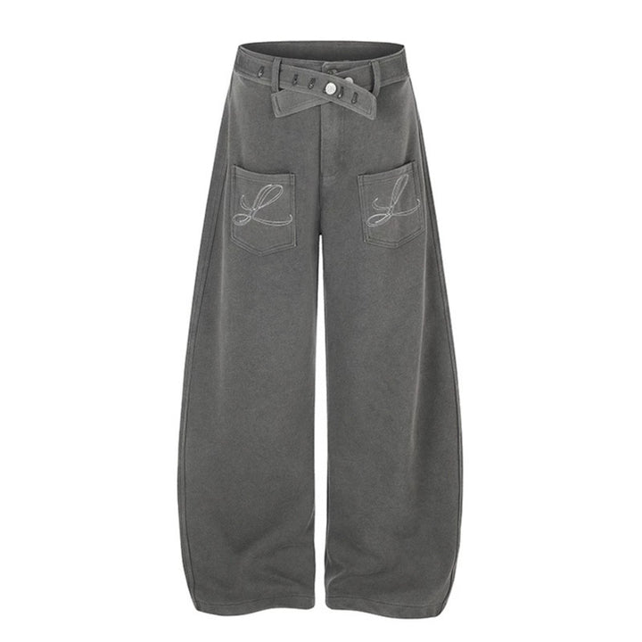 Women's Wide High-Waist Palazzo Jogging Pants with Pockets, Decorative Embroidery and Adjustable Belt Mune Fashion