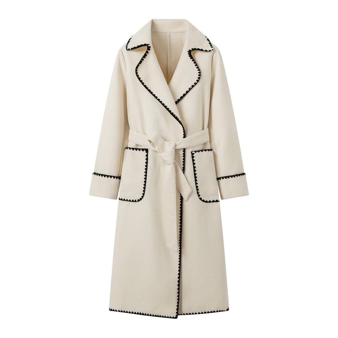 Women's Midi-Length Wool Blend Coat with Tie Belt and Zigzag Trim Mune Fashion