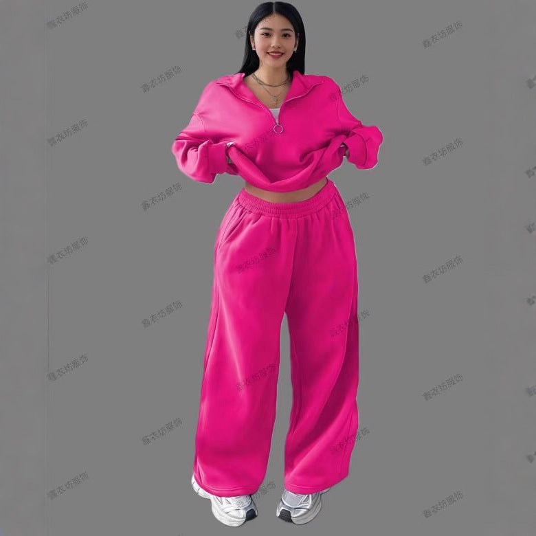 Women's Cropped Oversized Sweatshirt with Half Zipper and Wide High-Waist Jogging Pants Set Mune Fashion