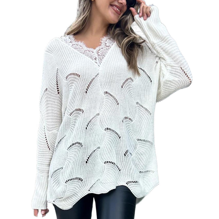 Ladies Oversized Knit Sweater with V-Neck and Lace Insert Mune Fashion