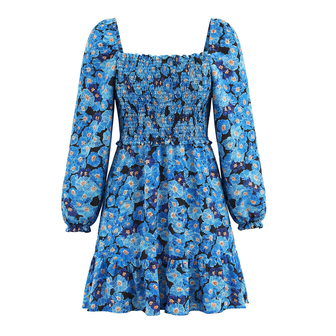 Women's Midi Dress with Shirred Bodice, Ruffled Hem and Long Balloon Sleeves Mune Fashion