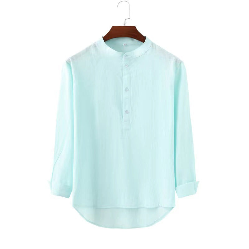 Men's casual shirt with stand-up collar, short button placket, and rounded hem Mune Fashion