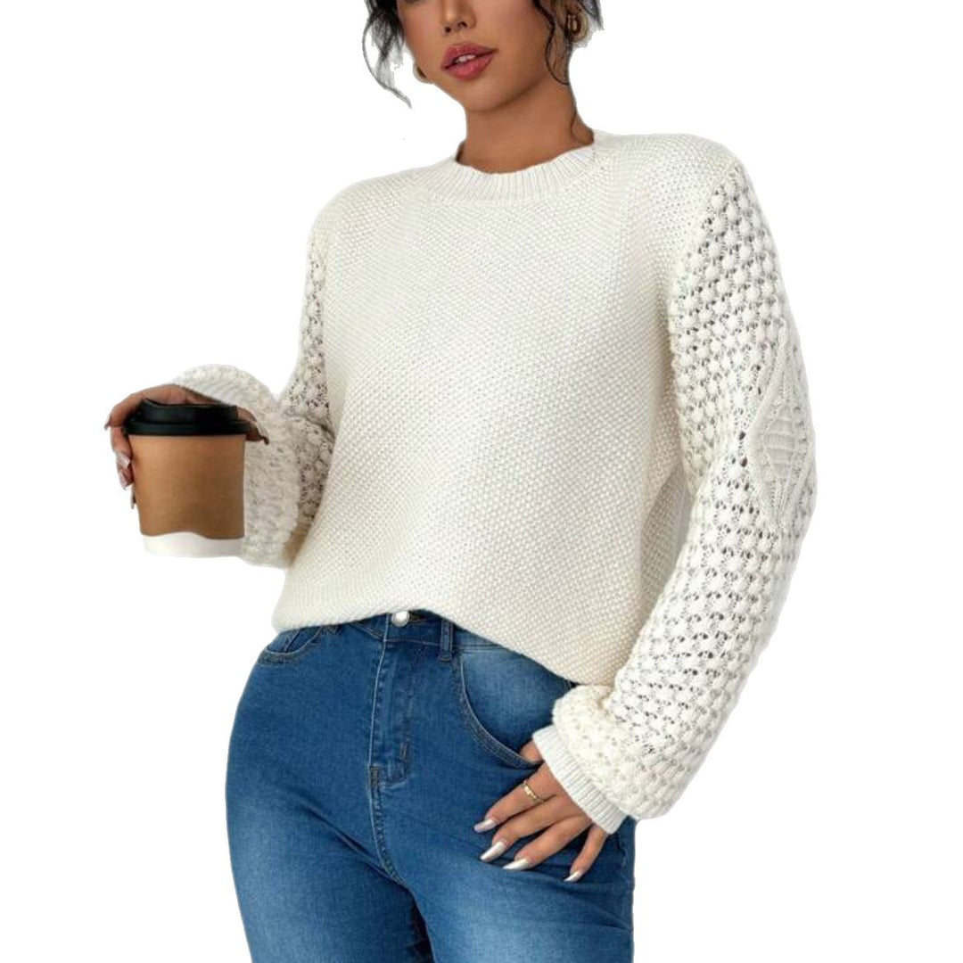 Women's Structured Chunky Knit Sweater with Lacy Sleeves and Ribbed Hem Mune Fashion
