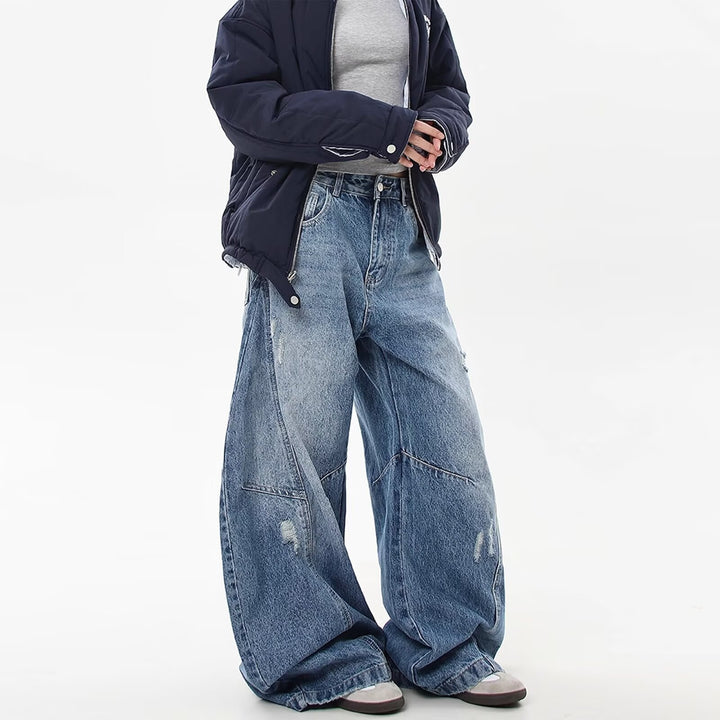 Women Wide-Cut Denim Pants with Tears Mune Fashion