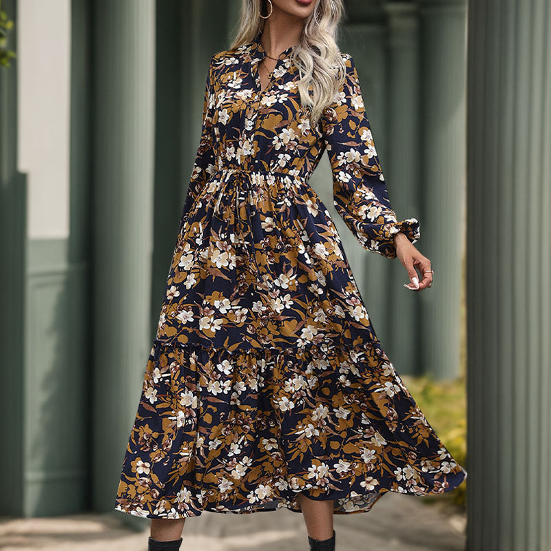 Women Long-Sleeved Midi Dress with Tie Belt, Tiered Hem and Side Slit Mune Fashion