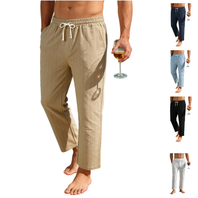 Men's Relaxed Pinstripe Casual Pants with Elastic Waistband and Drawstring Mune Fashion