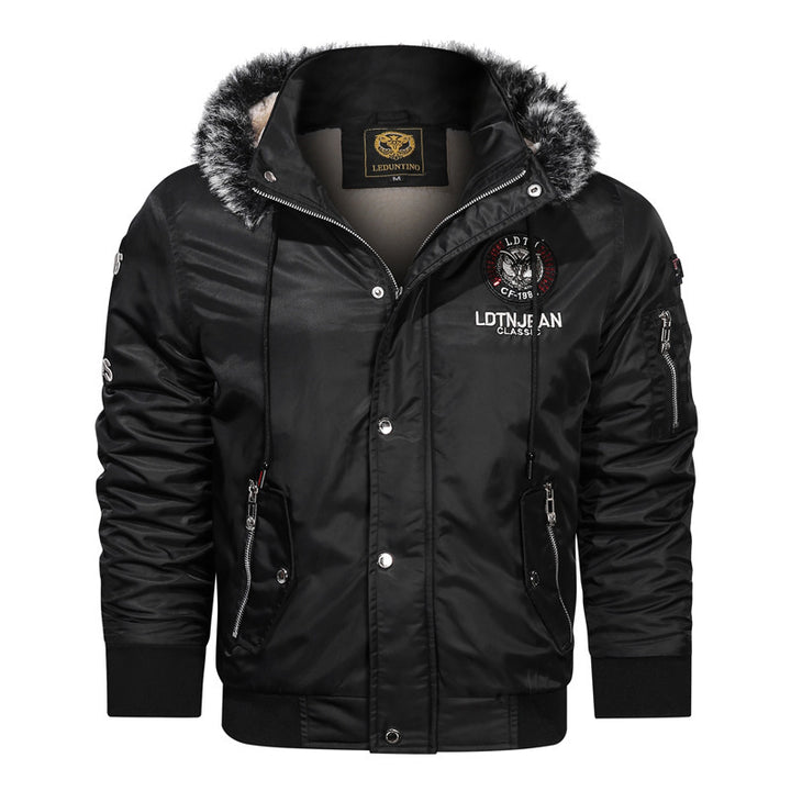 Men's faux fur lined pilot bomber jacket with faux fur hood, multifunctional zippered pockets, and warm thermal lining Mune Fashion