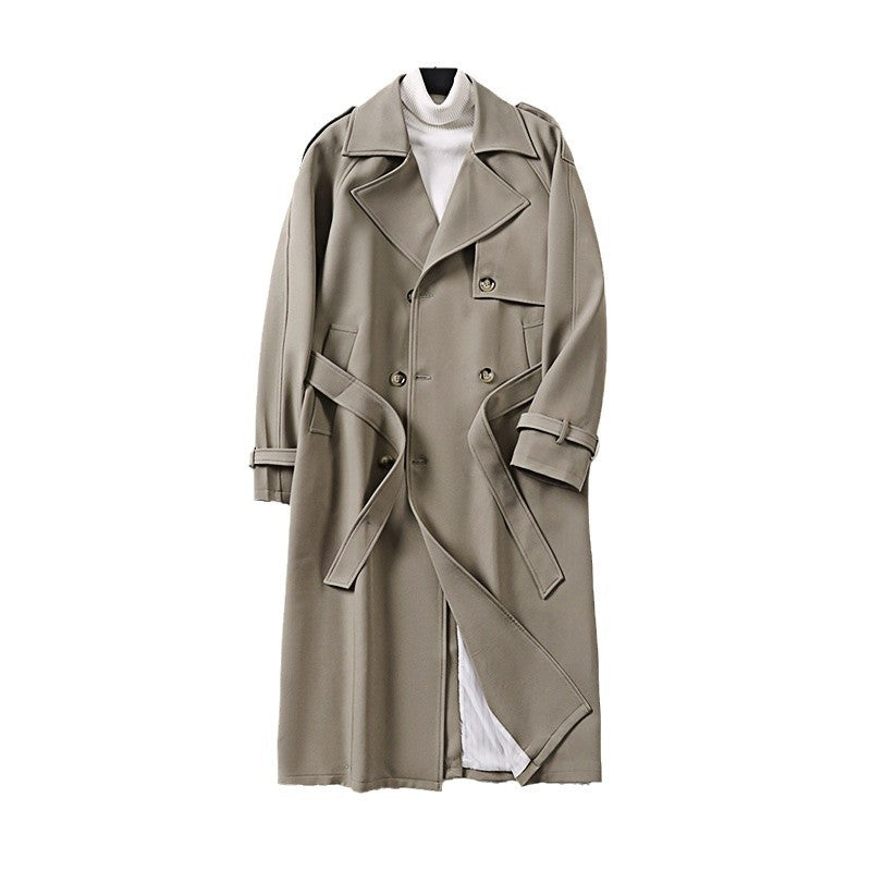 Men's Long Minimalist Trench Coat with Storm Flap, Waist Belt, and Adjustable Cuffs Mune Fashion
