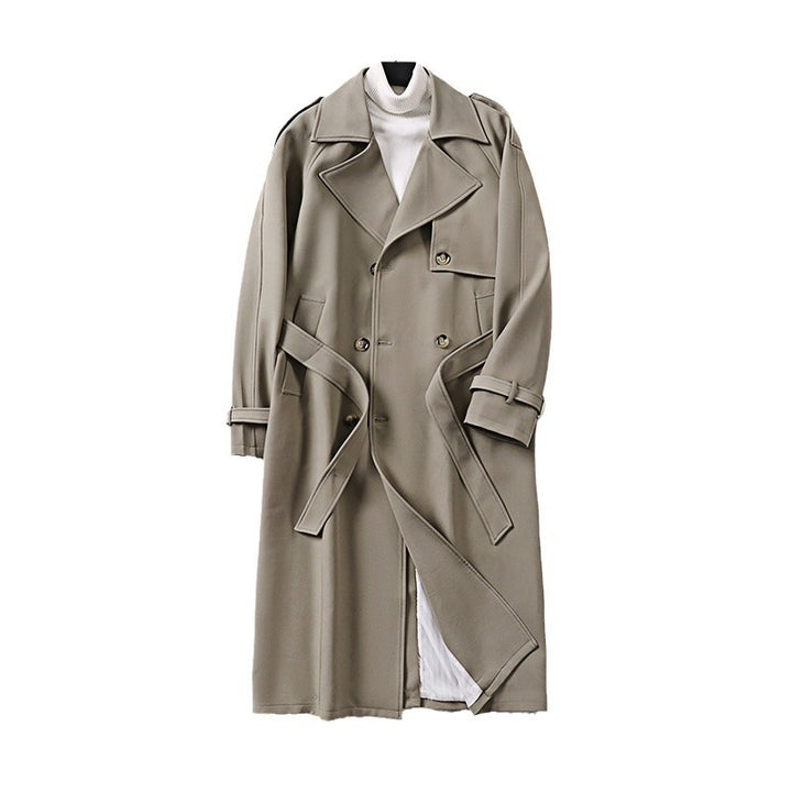 Men's Long Minimalist Trench Coat with Storm Flap, Waist Belt, and Adjustable Cuffs Mune Fashion