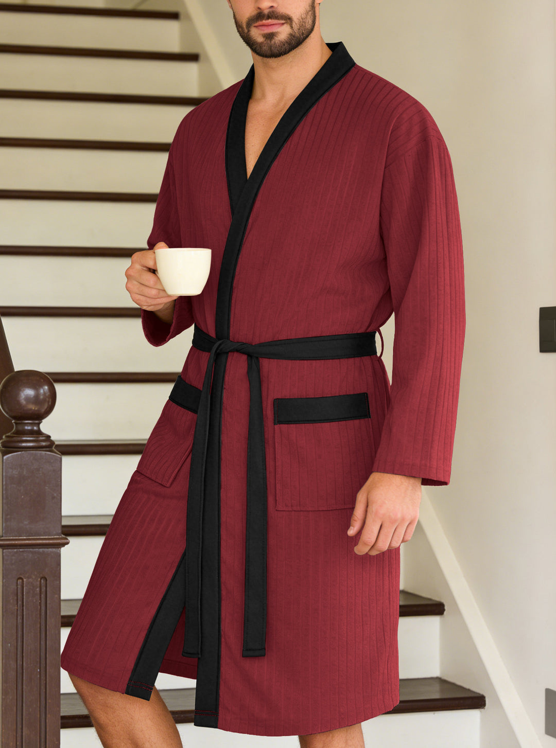 Men's lightweight cotton kimono bathrobe with waffle texture and patch pockets Mune Fashion