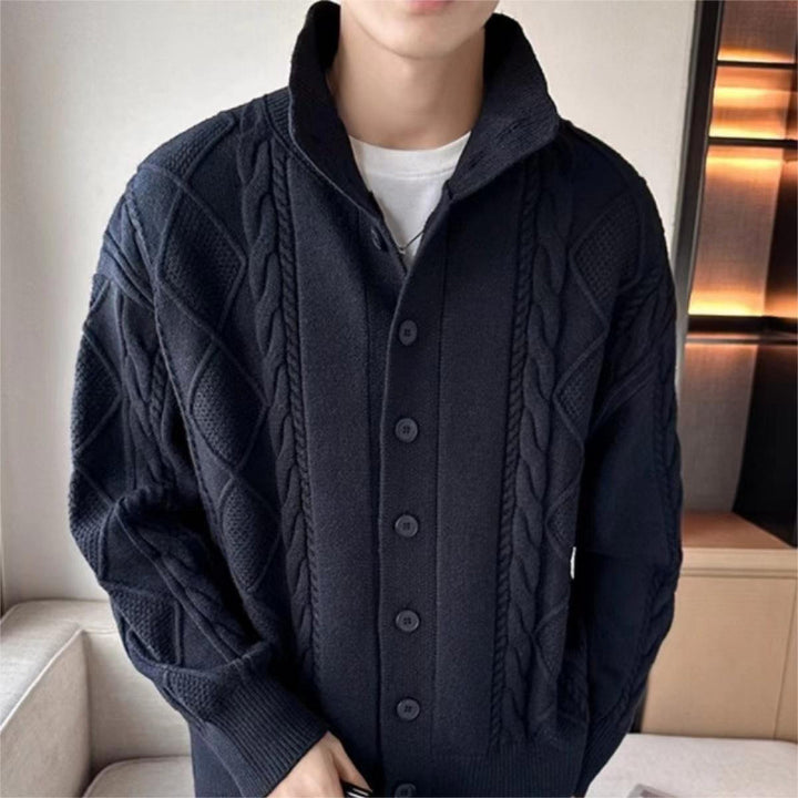 Men's Loose Knit Cardigan with High Stand-up Collar and Cable Pattern Mune Fashion