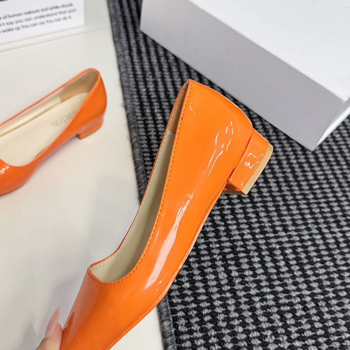 Women's patent pumps with pointed toe shape, padded comfort insole, and short block heel Mune Fashion