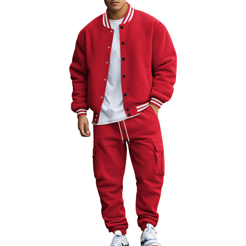 Men's sporty college two-piece made of heavy sweat with ribbed cuffs, snap-button bomber jacket and cargo jogger Mune Fashion