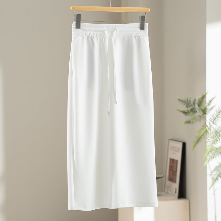 Women's Jersey Midi Skirt with Elastic Drawstring Waist and Straight Fit Mune Fashion