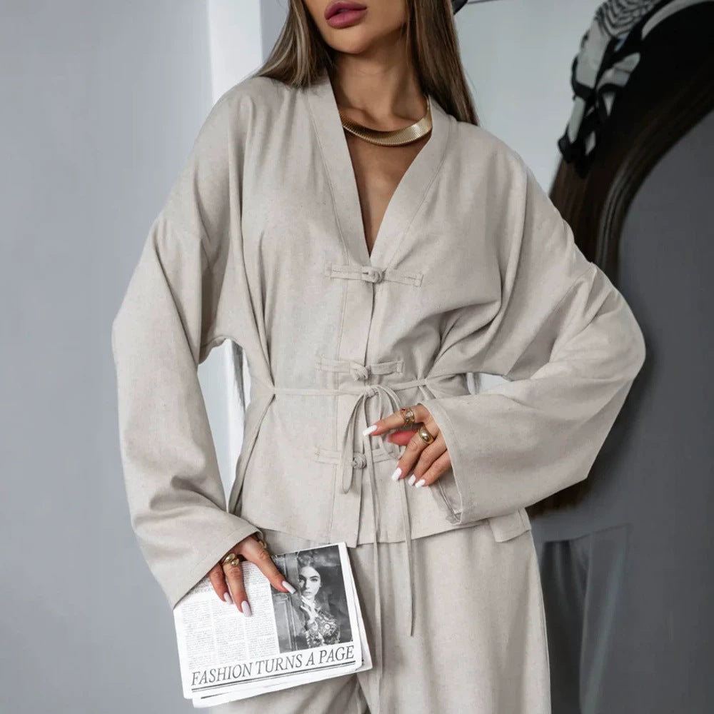 Women's Kimono-Inspired Loungewear Jacket with Waist Tie and Decorative Knot Mune Fashion