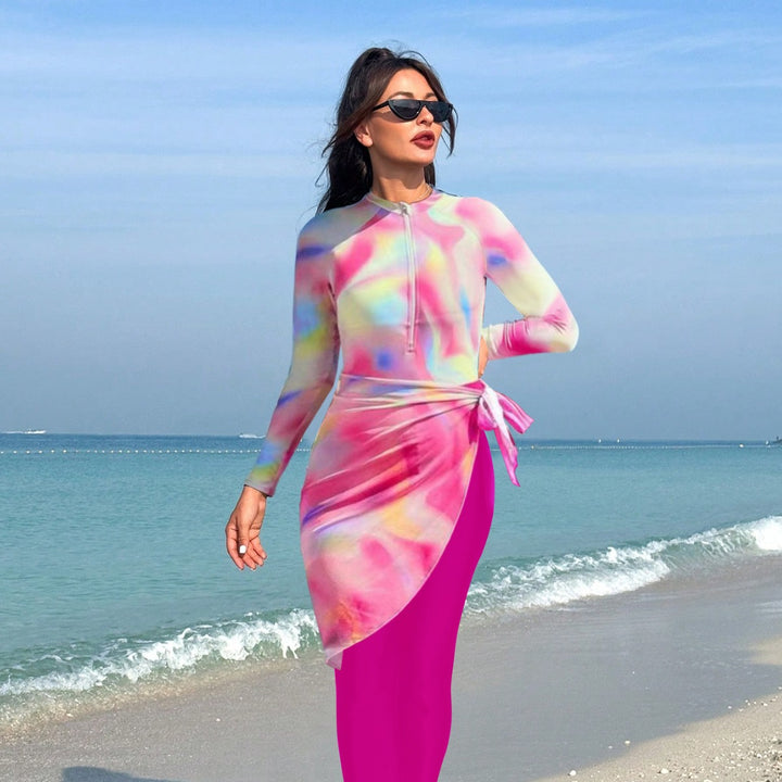 Ladies Sporty Long Sleeve Swimsuit with Wrap Skirt Mune Fashion