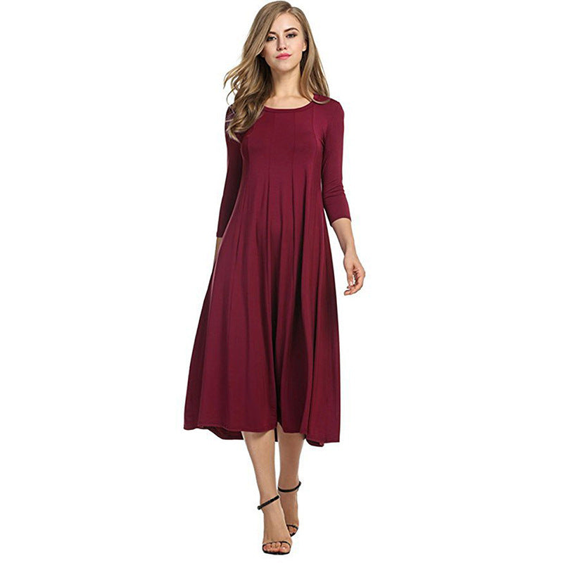Women's Long A-Line Midi Dress made of Stretch Jersey with Three-Quarter Sleeves and Side Pockets Mune Fashion