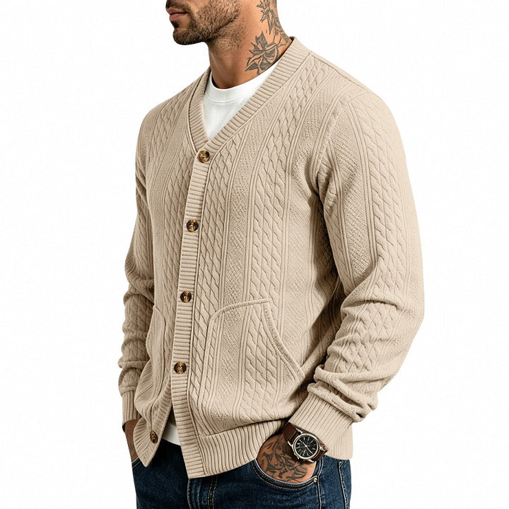 Men's Structured Knit Cardigan with V-Neck and Cable Pattern Mune Fashion