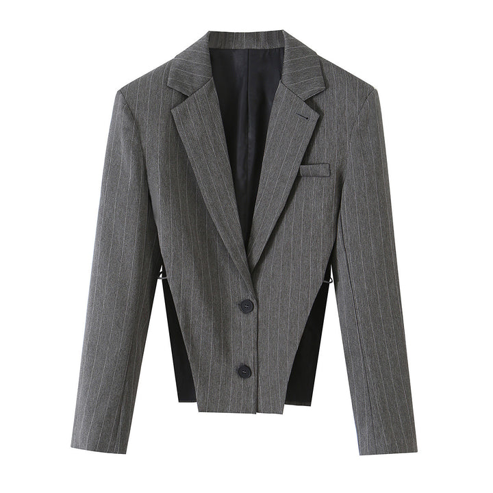 Women's Short Cut Pinstripe Blazer with Side Cut-Outs and Lacing Detail Mune Fashion