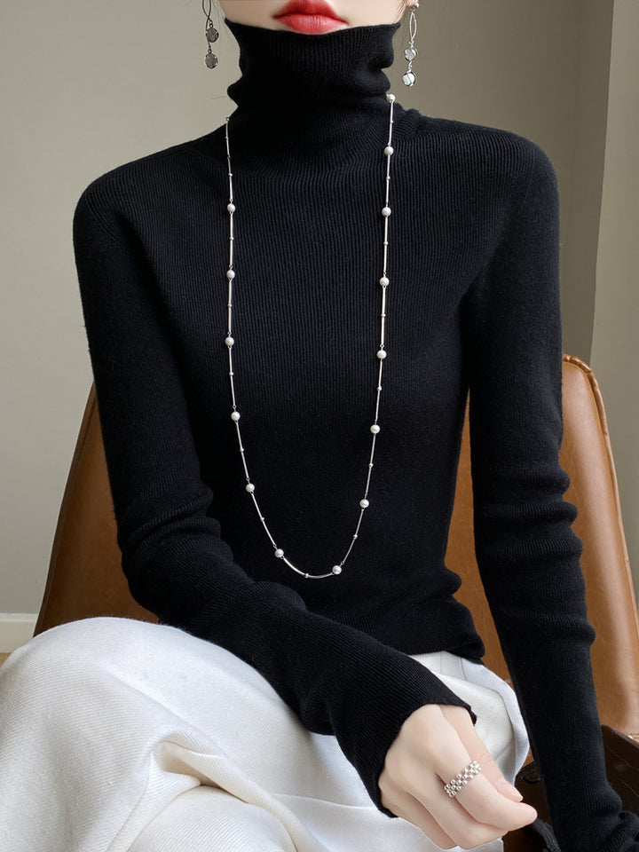 Women Slim Turtleneck Fine Knit Sweater with Elastic Rib Structure and Minimalist Silhouette Mune Fashion