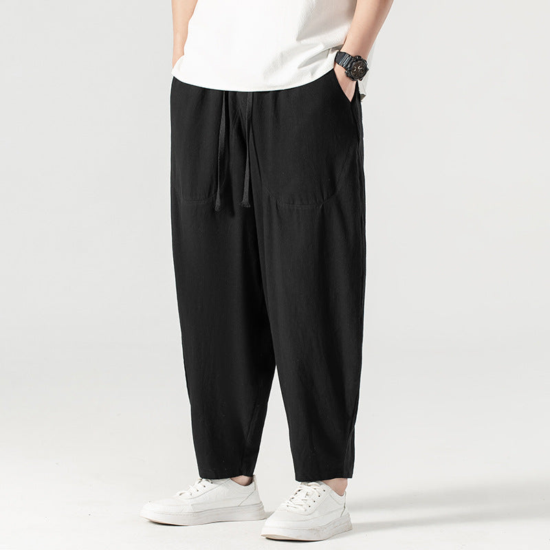 Men's Casual Linen-Cotton Pants with Wide Leg, Drawstring, and Patch Pockets Mune Fashion