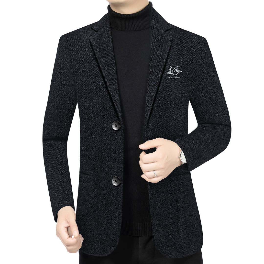 Men's Tailored Wool Blend Blazer in Structured Look with Lapels, Logo Stitch and Two-Button Front Mune Fashion