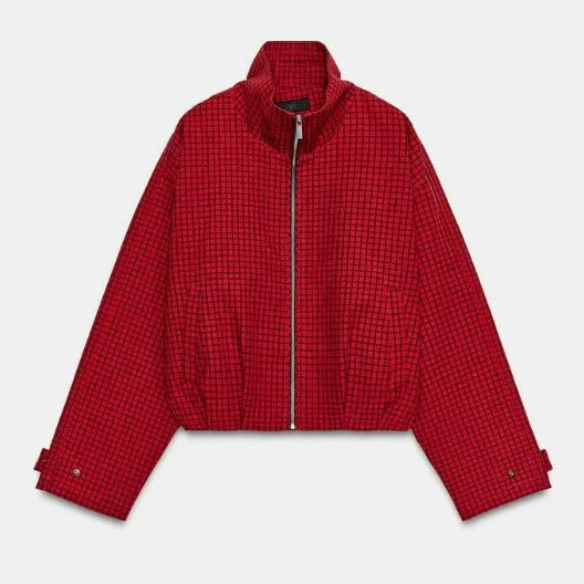 Women's Cropped Blouson Jacket made of woven fabric with stand-up collar, elastic hem, and fine check design Mune Fashion