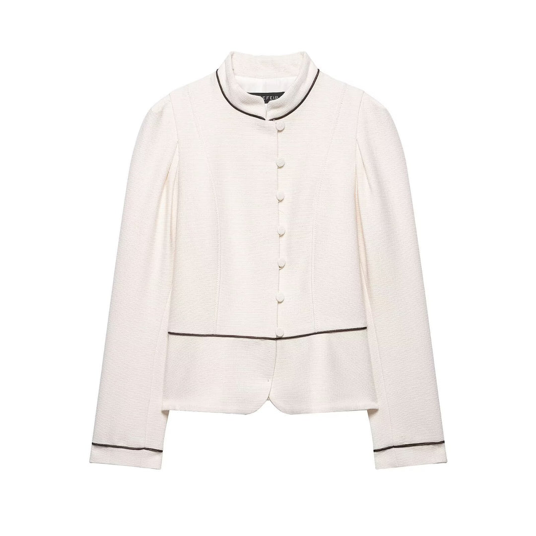 Ladies short blazer in bouclé look with stand-up collar, decorative button placket and contrast piping Mune Fashion