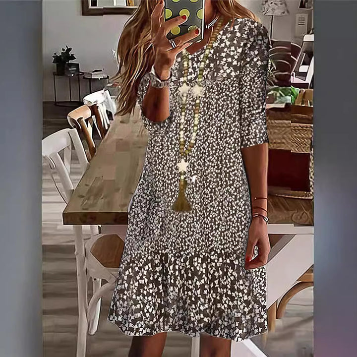 Women Casual Midi Dress with Ruffle Hem, Three-Quarter Sleeves and Floral Print Mune Fashion