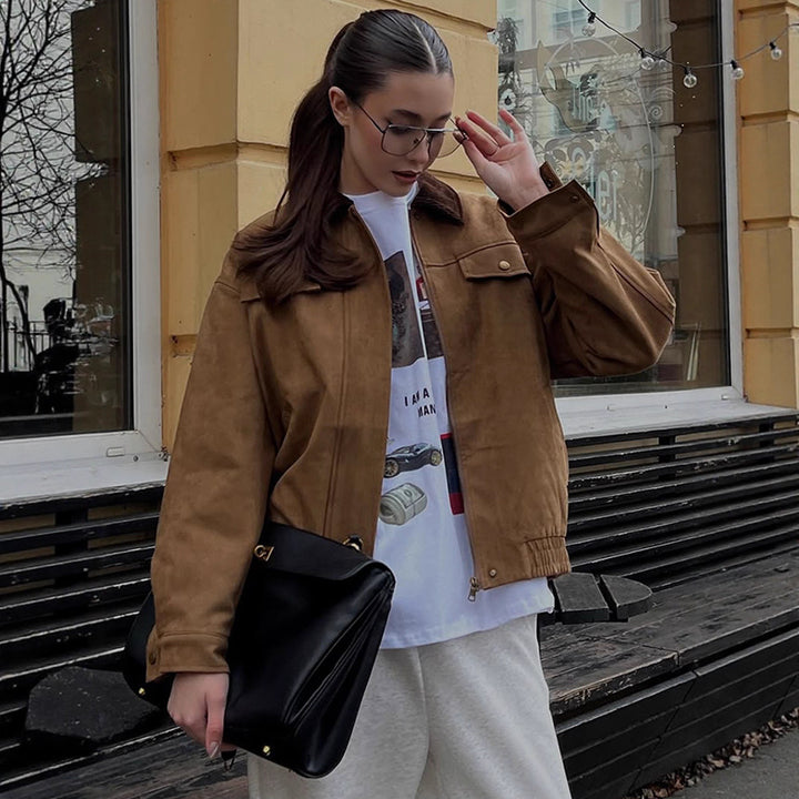 Women's Boxy Suede Blouson Jacket with Cord Collar and Teddy Lining Mune Fashion