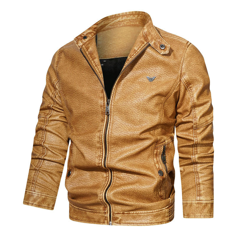 Men's washed synthetic leather pilot bomber jacket with textured surface and ergonomic sleeve seams Mune Fashion