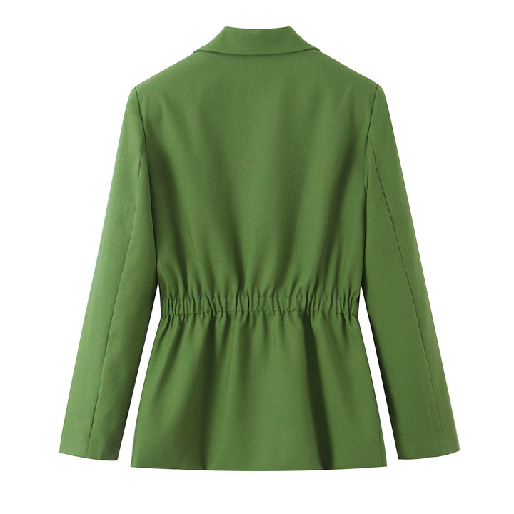 Women's Tailored Blazer with Drawstring Waist, Notched Collar and Decorative Buttons Mune Fashion