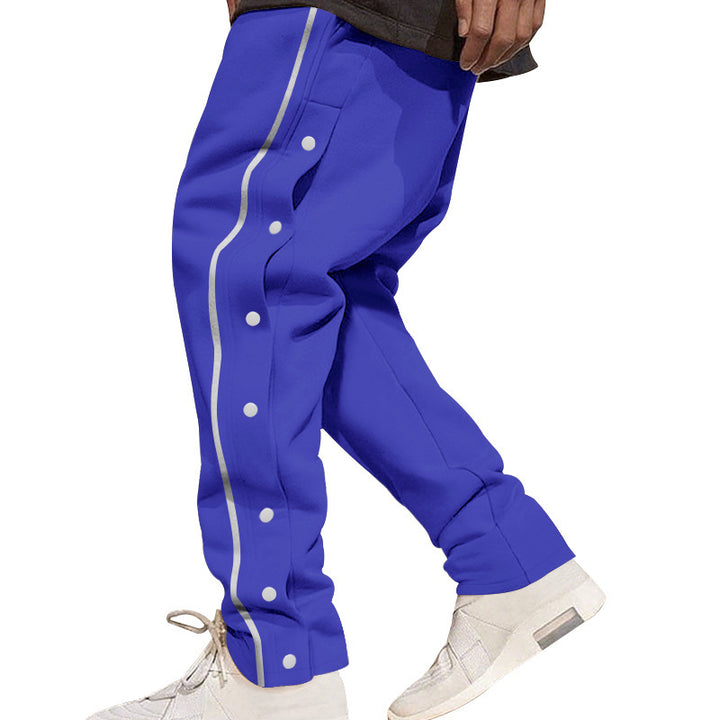 Men's loose track pants with side snap button placket, elastic waistband, and reflective streamline stripe Mune Fashion