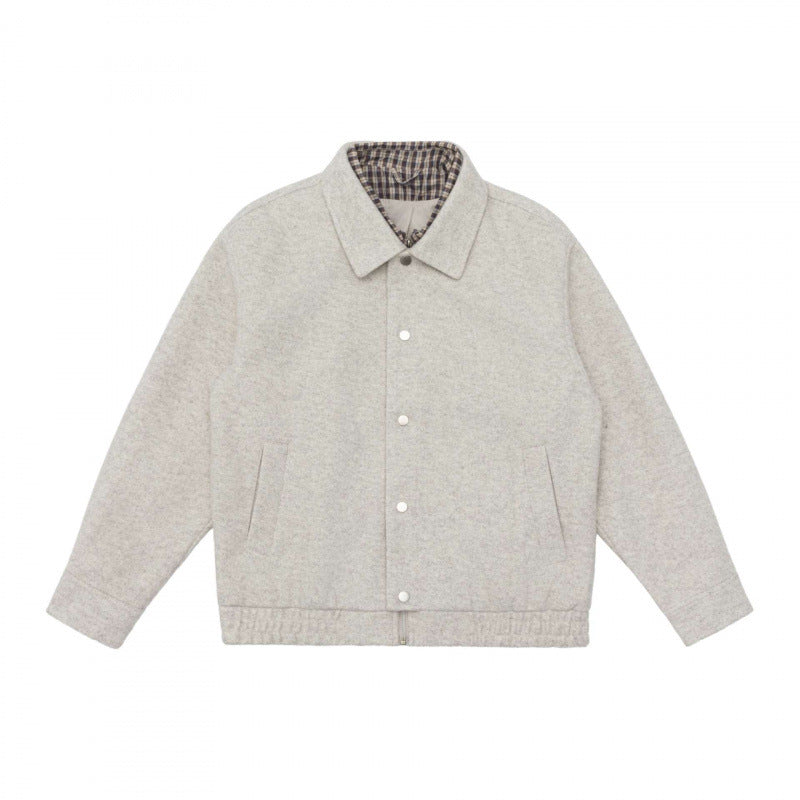 Men's short-cut wool blend field jacket with plaid inner lining and snap button placket Mune Fashion