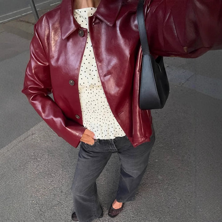 Women's Boxy Faux Leather Jacket with Shirt Collar and Straight Cropped Cut Mune Fashion